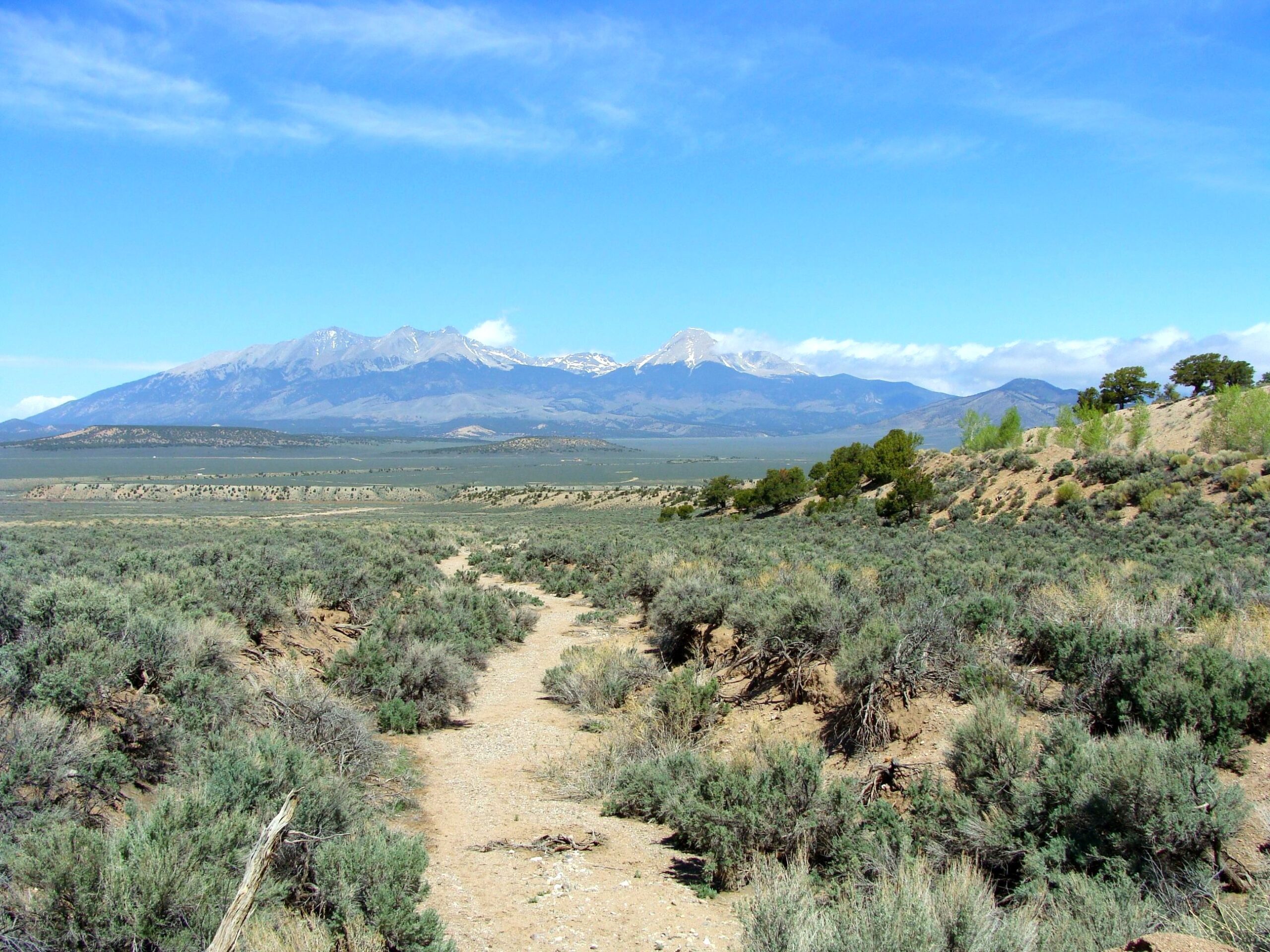 Sandy path winding through sagebrush toward Mt. Blanca Massif in the Sangre de Cristo Ranches, vacant land for sale in Costilla County Colorado